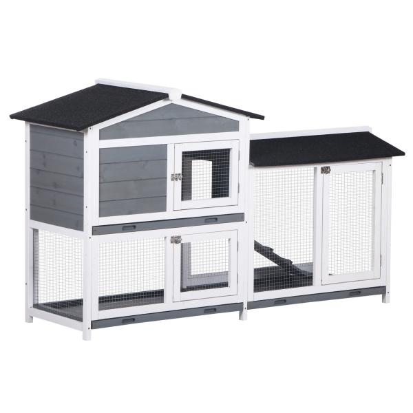Coelheira de Madeira Exterior Gaiola para Coelhos de 2 Níveis com Teto Asfáltico 2 Cercados de Metal Bandeja Removível 3 Portas e Rampa 157,4x53x93,5 cm Cinza