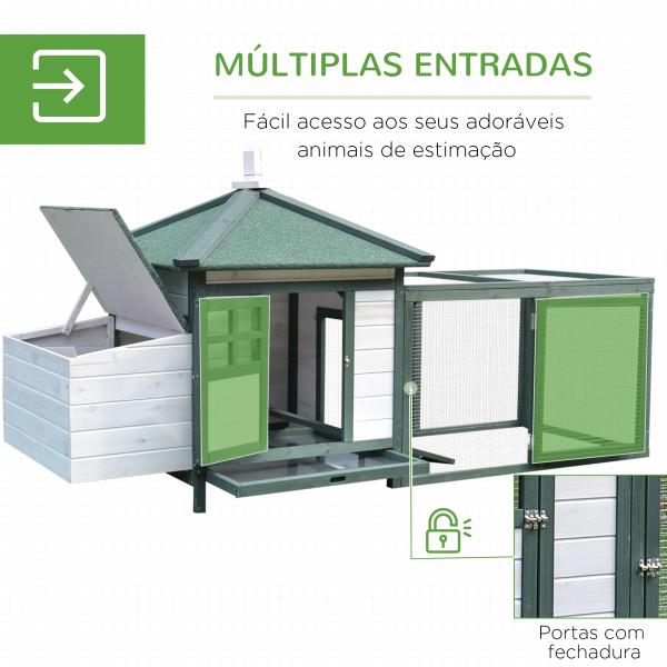 Galinheiro de Madeira de Pinho para 1 - 2 Galinhas com Caixa Ninho Bandeja e Espaço para Correr 196x76x97 cm Verde