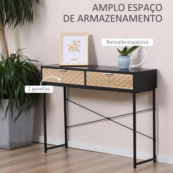 Mesa Consola 100x30x75 cm Mesa de Entrada Moderna com 2 Gavetas de Armazenamento Preto e Madeira