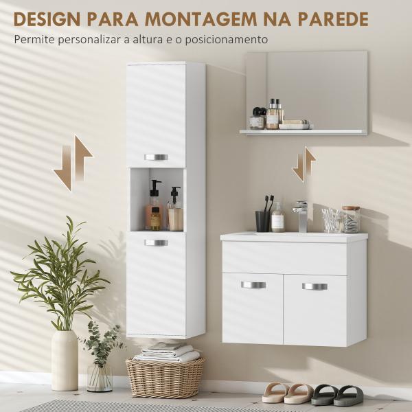 Conjunto de Móveis de Casa de Banho Suspenso de 4 Peças com Espelho, Armário com Lavatório em Cerâmica e Coluna, Branco