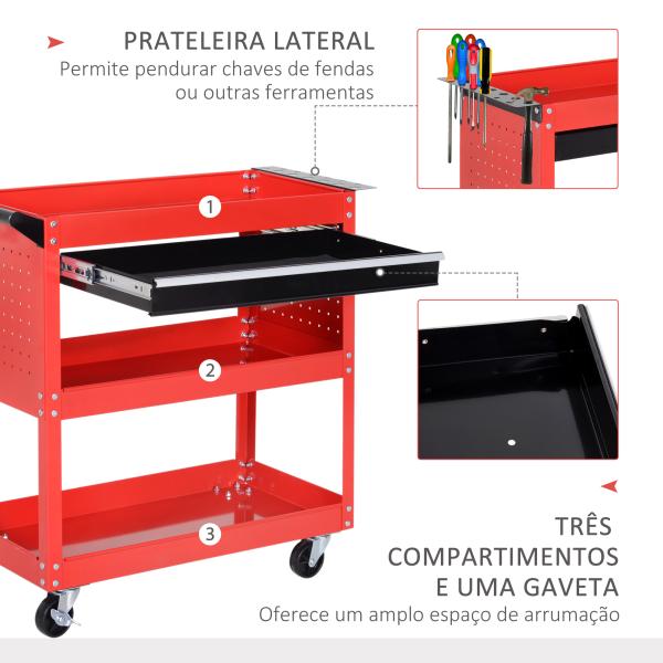 Carrinho de Ferramentas com 3 Bandejas e Gaveta Rodas com Travões Pega Lateral Painel Lateral Perfurado 82x35x76 cm Vermelho