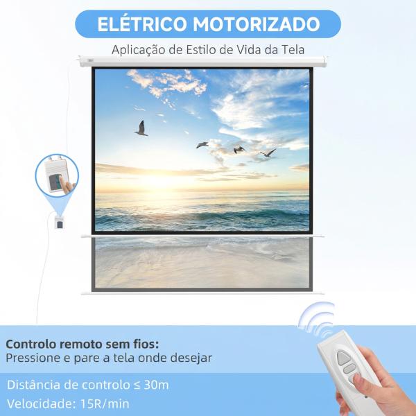 Ecrã de Projeção Elétrico 96 Polegadas com Comando à Distância Formato 1:1 para Interior e Exterior Branco