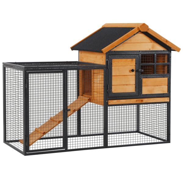 Coelheira para pequenos animais de estimação de 2 níveis com rampa e bandeja removível 122x63x92 cm madeira e cinza