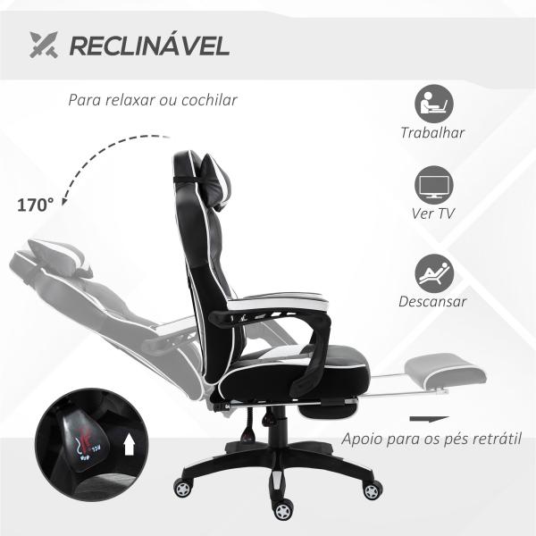 Cadeira de escritorio gaming ergonômica Altura ajustável Reclinável Encosto com apoio para pés 65x70x118,5 - 126,5 cm Branco e Preto