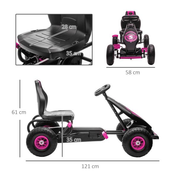 Kart a Pedais para Crianças 5 - 12 Anos com Assento Ajustável Pneus Insufláveis Amortecimento e Travão de Mão 121x58x61 cm Rosa