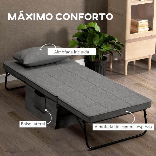 Sofá Cama 4 em 1 Estofado em Linho com Encosto Ajustável em 5 Níveis e Almofada Acolchoada 75x80x74 cm Cinza