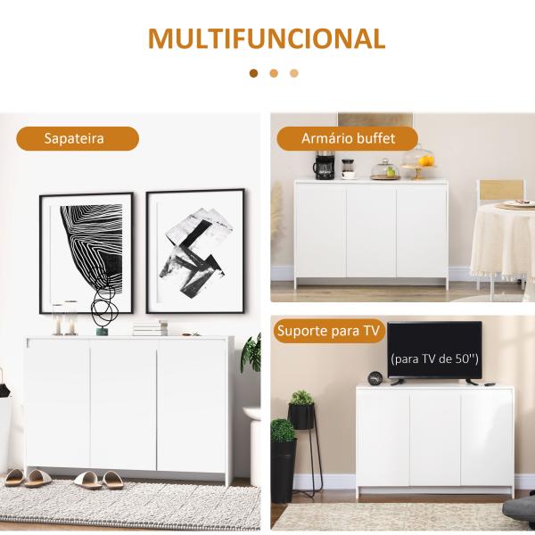 Móvel Aparador com 3 Portas Prateleiras Ajustáveis ​​e Suporte com Fecho Suave para Televisores 120x35x85 cm Branco