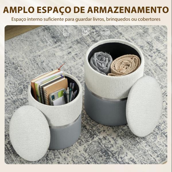 Conjunto de 2 Puffs de Arrumação Estofados em Chenille e PU Assento Acolchoado para Entrada Quarto Cinzento e Creme