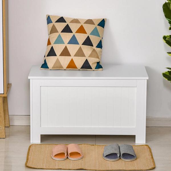 Baú de Armazenamento de Madeira Baú de Arrumação com Dobradiça de Segurança Carga Máxima 20 kg 81x40x46 cm Branco