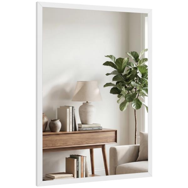 Espelho de Parede Decorativo 50x70 cm Espelho Retangular Espelho de Sala com 4 Ganchos Metálicos Estilo Moderno Branco
