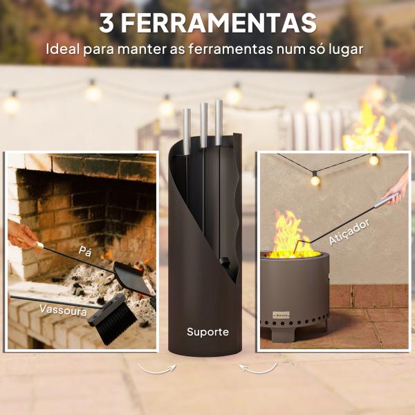 Conjunto de Acessórios para Lareira de 4 Peças de Metal com Vassoura Pá Atiçador e Balde 20x20x65 cm Prateado