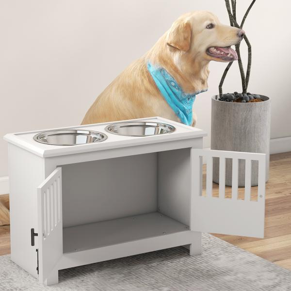 Comedouro Elevado para Cães com 2 Tigelas em Aço Inoxidável 2x2 L, Arrumação 37 L e 2 Portas com Trincos, Branco