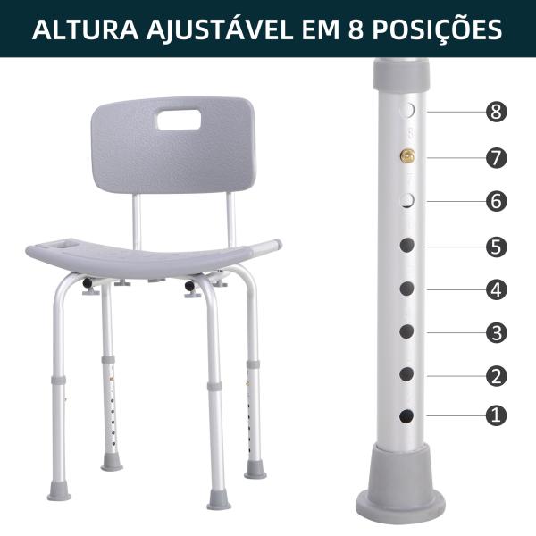 Cadeira para Duche Antiderrapante com Altura Ajustável em 8 Níveis Cadeira de Banho 50,6x43x71 - 88 cm Cinza