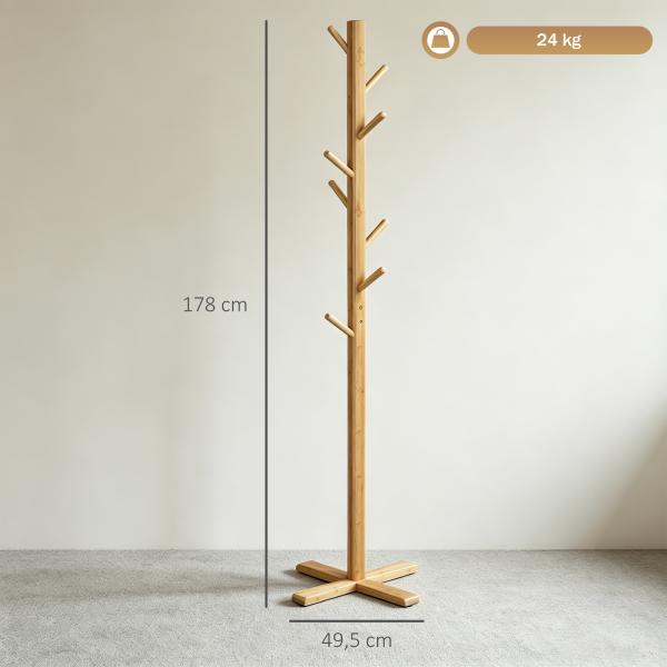 Cabide de Pé em Bambu com 8 Ganchos para Pendurar Bolsas e Chapéus no Corredor Entrada Quarto 49,5x49,5x178 cm Madeira