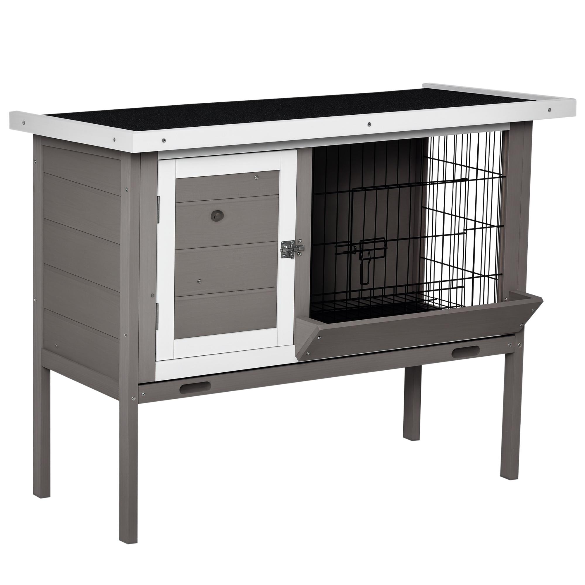 Coelheira de Madeira Exterior Gaiola Elevada para Coelhos Cobaias Animais Pequenos com Teto Asfáltico Abatível Comedouro Bandejas Removíveis e 2 Portas 91x46x71cm Cinza