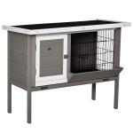 Coelheira de Madeira Exterior Gaiola Elevada para Coelhos Cobaias Animais Pequenos com Teto Asfáltico Abatível Comedouro Bandejas Removíveis e 2 Portas 91x46x71cm Cinza