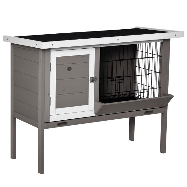 Coelheira de Madeira Exterior Gaiola Elevada para Coelhos Cobaias Animais Pequenos com Teto Asfáltico Abatível Comedouro Bandejas Removíveis e 2 Portas 91x46x71cm Cinza