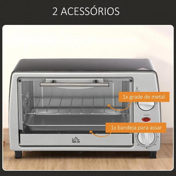 Mini Forno Elétrico de 10 Litros 750W com Temperatura até 230 °C Temporizador 60 Minutos Bandeja e Grade 36,5x26x22cm Preto e Prata