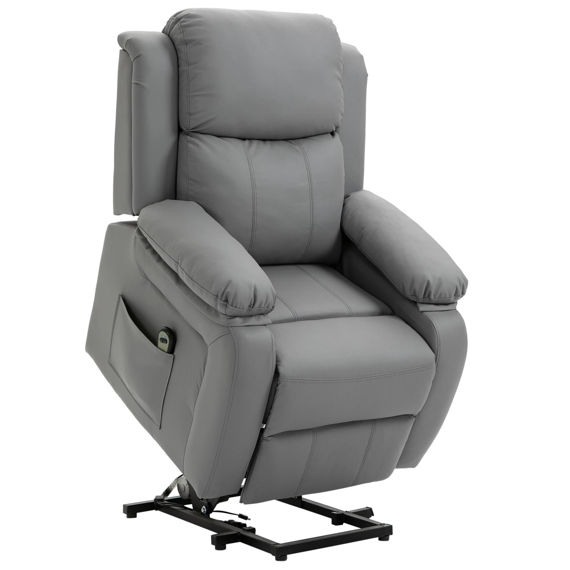 Poltrona Relax Levanta Pessoas com Controle Remoto Reclinação Elétrica de 160° Apoio para os Pés Encosto Estofado em PU e Bolsos Laterais 76x90x105 cm Cinza