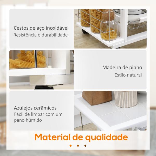 Carrinho de Cozinha com Rodas Gaveta 4 Cestas de Metal e 4 Suportes para Temperos Laterais 57x37x83cm Branco