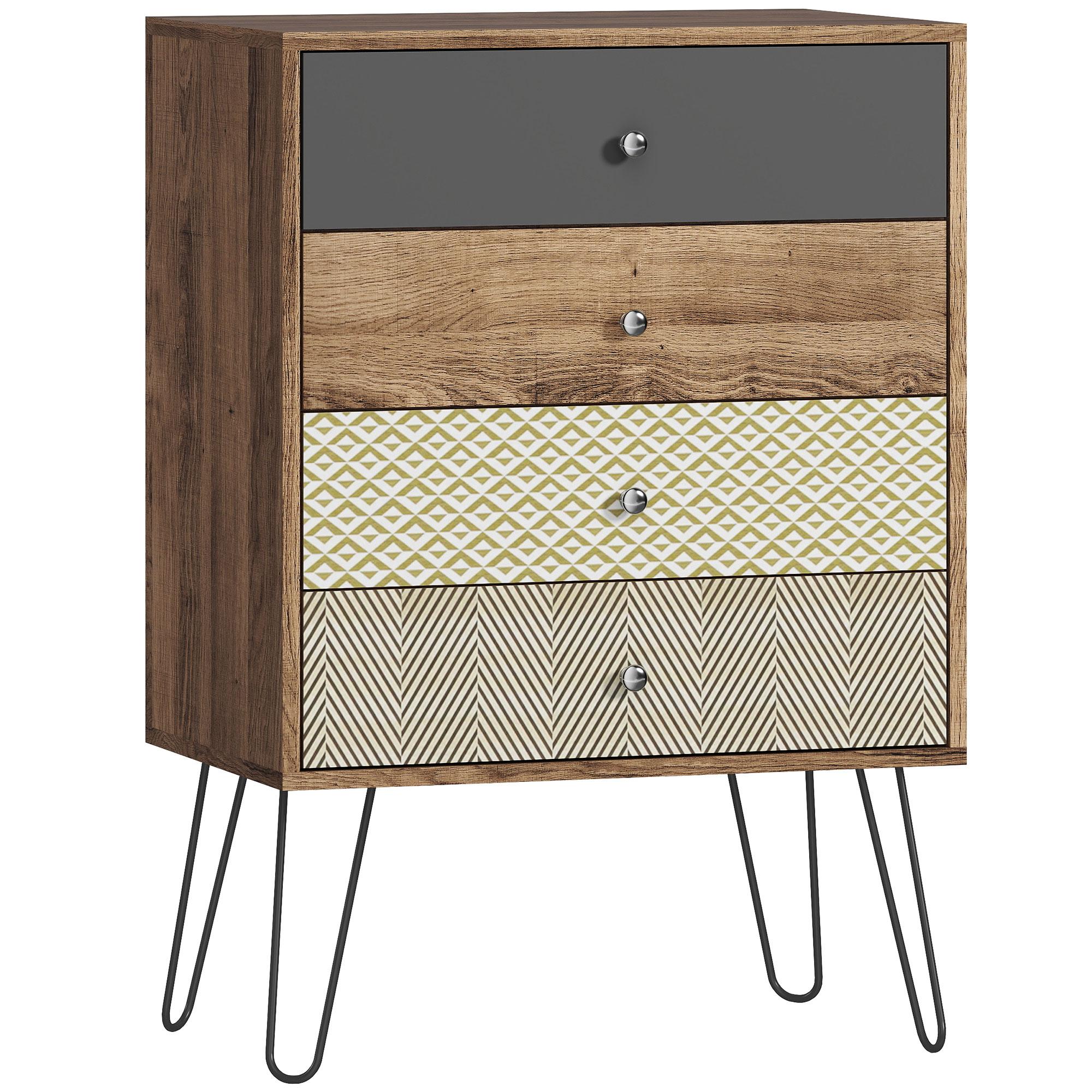Cómoda 4 Gavetas Cómoda para Quarto com Pés em Forma de V de Aço Estilo Boémio 60x39x86 cm Multicor