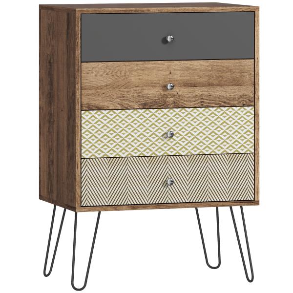 Cómoda 4 Gavetas Cómoda para Quarto com Pés em Forma de V de Aço Estilo Boémio 60x39x86 cm Multicor