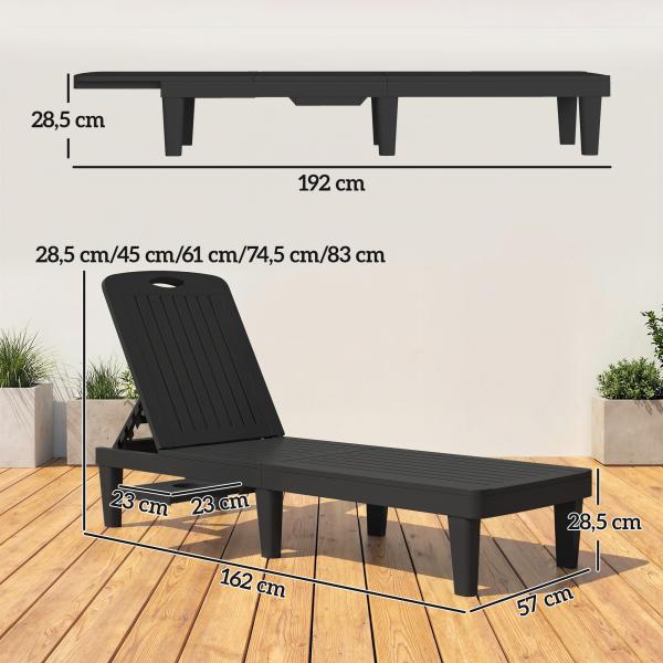 Conjunto de 2 Espreguiçadeiras Reclináveis em Plástico PP com Bandeja Lateral e Encosto Ajustável 5 Níveis 192x57x28,5 cm Preto