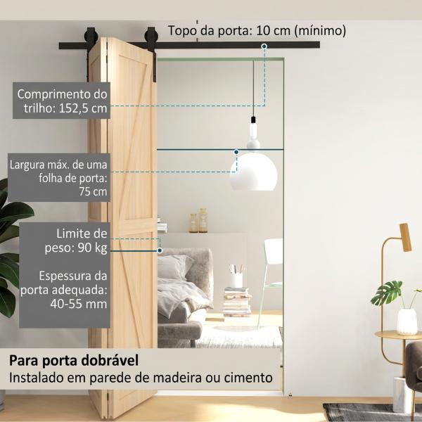 Kit de Ferragens para Porta de Correr Dobrável 122 cm para 2 Portas com Calha, Preto