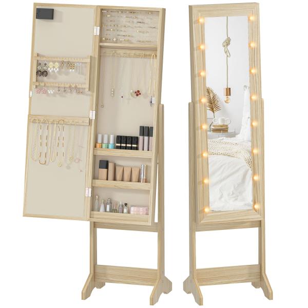 Espelho Joalheiro com Luzes LED Armário para Joias com Ângulo Ajustável Prateleiras Ranuras para Anéis 36x30x136 cm Madeira