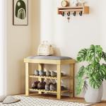 Banco Sapateira de Bambu Sapateira com Assento Almofadado 2 Prateleiras para 6 Pares de Sapatos 60x29x49 cm Madeira e Cinzento