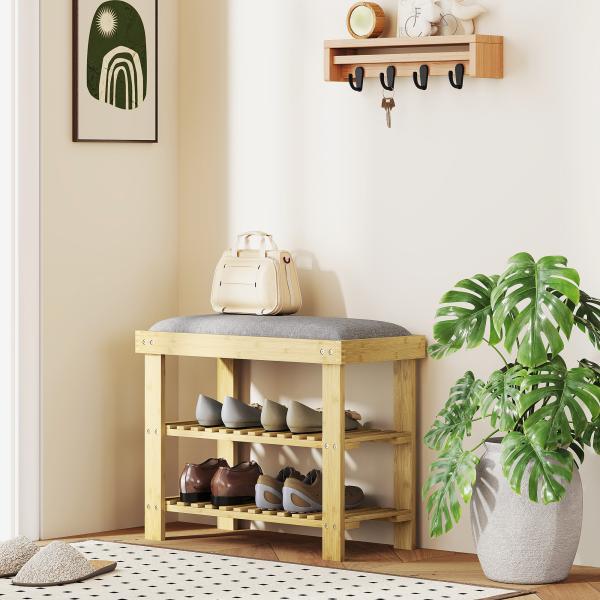 Banco Sapateira de Bambu Sapateira com Assento Almofadado 2 Prateleiras para 6 Pares de Sapatos 60x29x49 cm Madeira e Cinzento