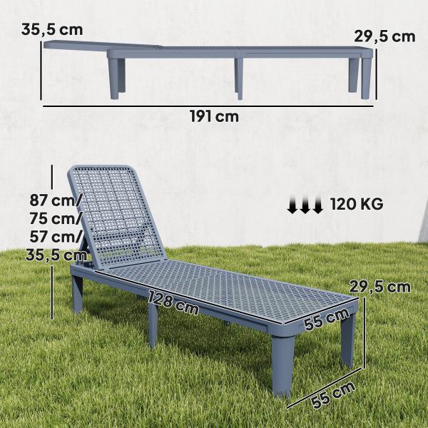 Espreguiçadeira Reclinável de Jardim Exterior com Encosto Ajustável em 4 Posições e Estrutura de PP 191x55x35,5 cm Cinzento Escuro
