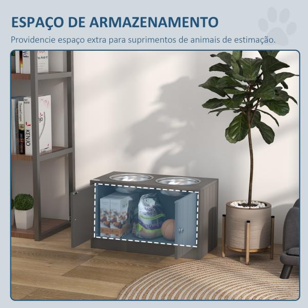 Comedouro Elevado Cinzento para Cães Grandes com 2 Tigelas de 2L, 2 Portas e Arrumação, 60x30x35,5 cm