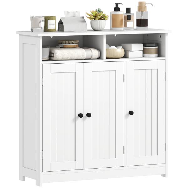 Armário de Casa de Banho Estreito com 3 Portas 2 Compartimentos Abertos Prateleira Ajustável 85x30x85 cm Branco