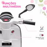 Moto Elétrica para Crianças de 3 - 6 Anos com Licença Vespa com USB MP3 Luz LED Rádio FM Velocidade 3 km/h Carga 35 kg Branco