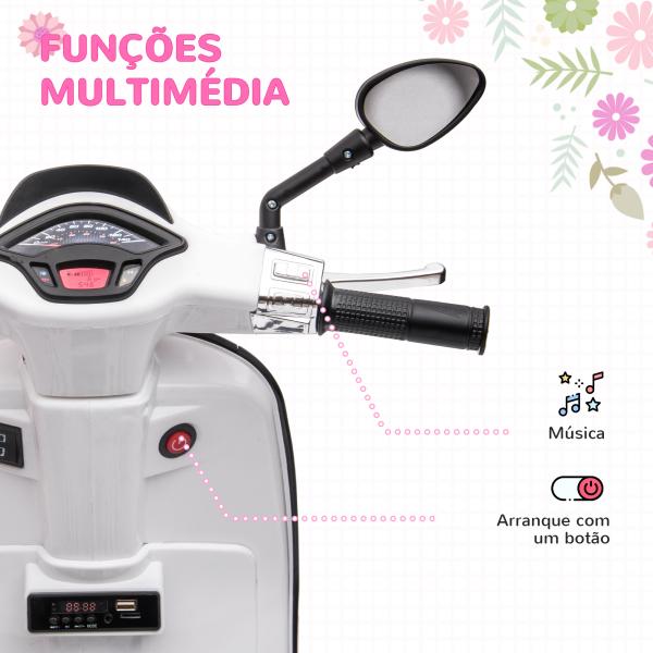 Moto Elétrica para Crianças de 3 - 6 Anos com Licença Vespa com USB MP3 Luz LED Rádio FM Velocidade 3 km/h Carga 35 kg Branco