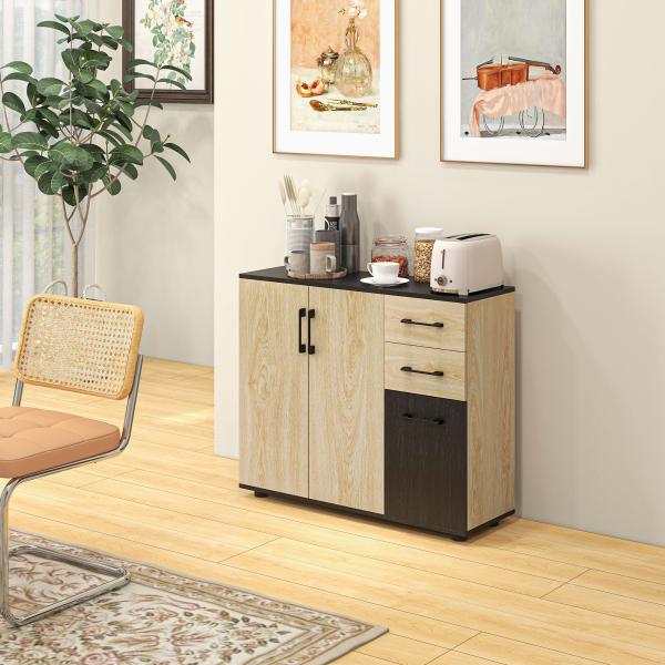 Aparador Estreito de Sala com 2 Portas, 2 Gavetas e Prateleira Ajustável 90x30x75,5 cm Natural e Preto