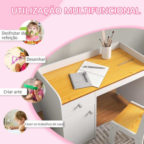Conjunto de Secretária e Cadeira para Crianças Conjunto Infantil de 2 Peças com Gaveta e Armário para Quarto Branco e Natural