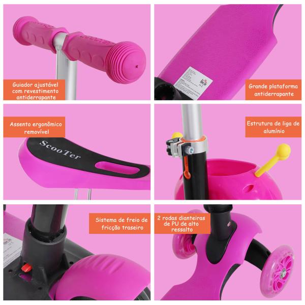 Trotinete 5 em 1 para Crianças com 3 Rodas Assento Removível e Guiador Ajustável Carga Máxima 50 kg 62x25x72,5 cm Rosa