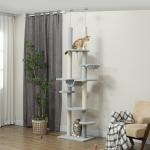 Arranhador para Gatos do Chão ao Teto 225 - 255 cm com 7 Níveis Rede Plataformas Postes de Arranhar Cinza