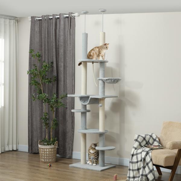 Arranhador para Gatos do Chão ao Teto 225 - 255 cm com 7 Níveis Rede Plataformas Postes de Arranhar Cinza