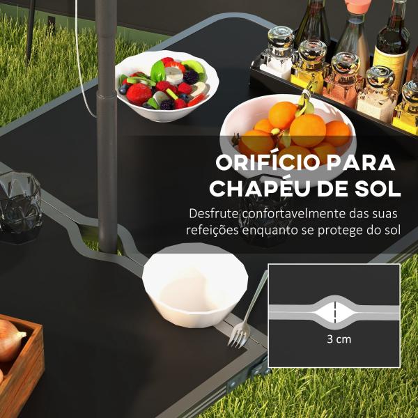 Conjunto de Campismo de 5 Peças Mesa Dobrável com Assentos Inclui 1 Mesa Ajustável em Altura com Orifício e 4 Assentos Preto