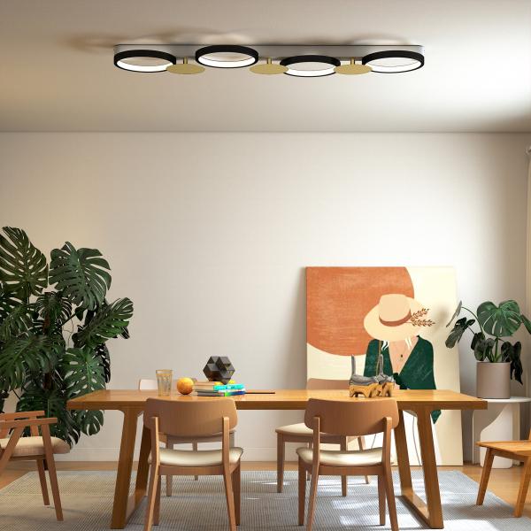 Candeeiro de Teto Regulável com 4 Focos Controlo Remoto Modos de Cena 1500 lm 38 W 3000 K - 6500 K 100x31x7 cm Preto e Dourado