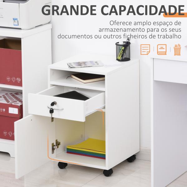 Bloco de Gavetas de Escritório com 4 Rodas Fechadura Prateleira Aberta e Armário 40x35x60 cm Branco