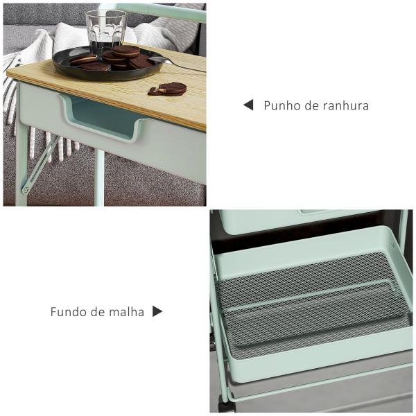 Carrinho Auxiliar com Rodas de 2 Níveis Carrinho de Cozinha com 1 Gaveta e 1 Cesto Carrinho Organizador 45x29,5x68 cm Verde Claro