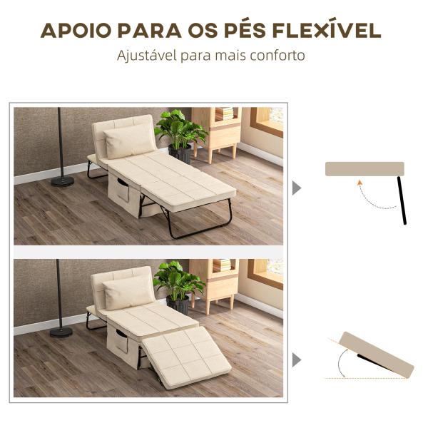 Sofá Cama 4 em 1 Estofado em Linho com Encosto Ajustável em 5 Níveis e Almofada Acolchoada 75x80x74 cm Creme