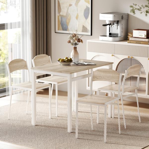 Conjunto de Mesa e Cadeiras de Refeição Mesa de Cozinha Retangular com 4 Cadeiras Estilo Moderno Carvalho e Branco