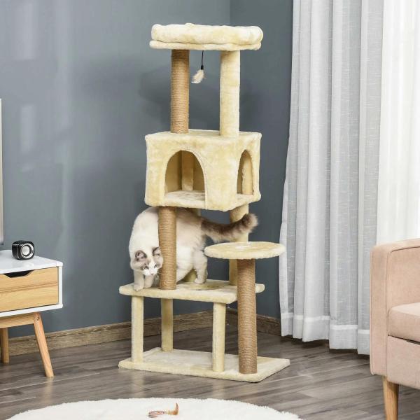 Árvore Arranhador para Gatos Centro de Atividades com Plataformas Cavernas de Felpa Suave Postes para Arranhar de Juta Bola Brinquedo Suspenso 60x34x136cm Bege