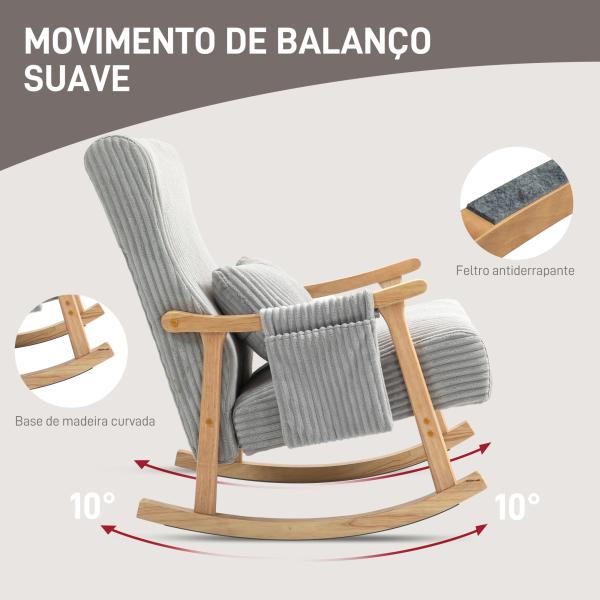Poltrona Baloiço Moderna em Veludo Cotelê com Apoio para os Braços Almofada Lombar e Bolso Poltrona de Amamentação 65x90x98 cm Cinza
