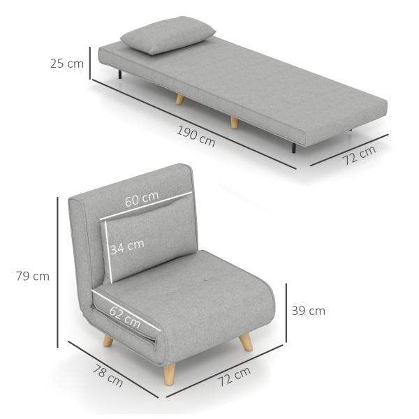Poltrona 2 em 1 Sofá Cama Individual Dobrável com Encosto Ajustável e Almofada Carga 150 kg 72x78x79 cm Cinza